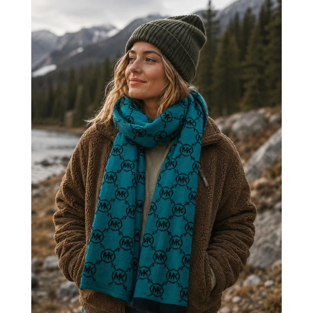 Michael Kors Scarf Reversible MK Logo Monogram Knit Teal Charcoal Grey Accessory